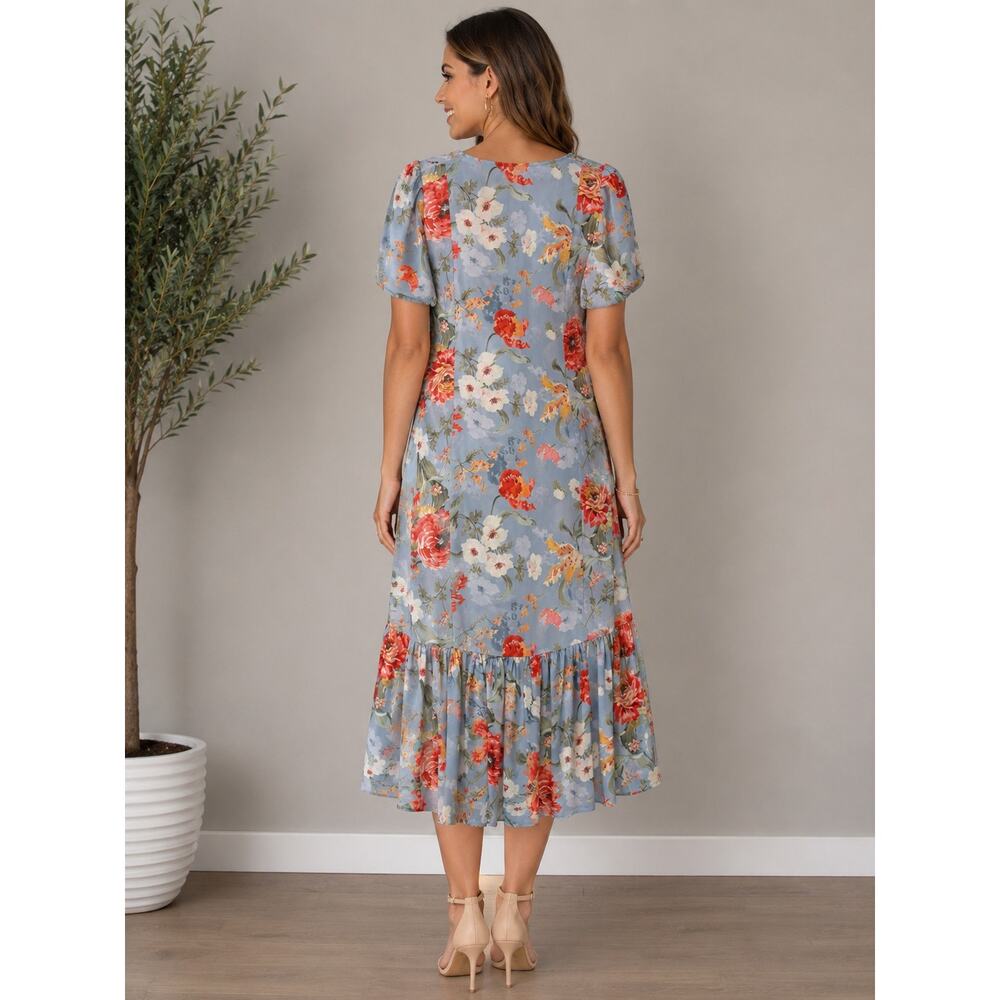Gatsby Babydoll Floral Midi Dress Size L Blue Puff Sleeve Ruffle Cottagecore - Picture 2 of 4